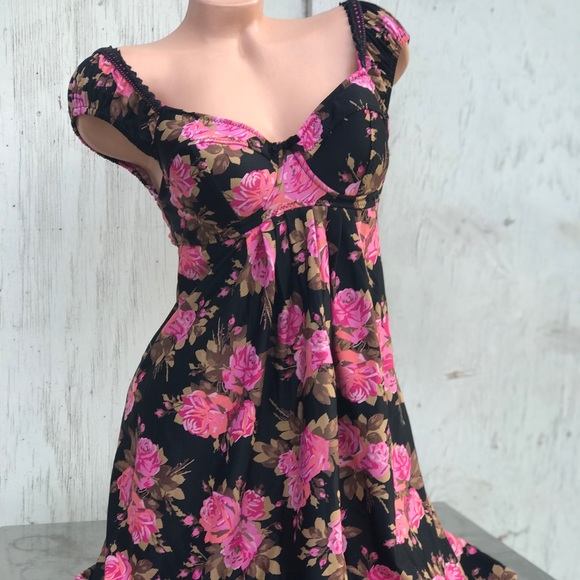 Betsey Johnson pink black rose swimsuit cover up pinup gothic babydoll dress new Betsey Johnson pink black rose swimsuit cover up pinup gothic babydoll dress new